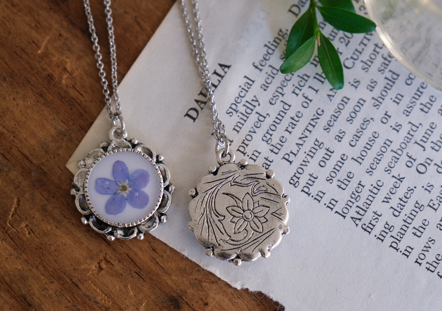 Ornate Scalloped Edge Pressed Flower Necklace with White Background