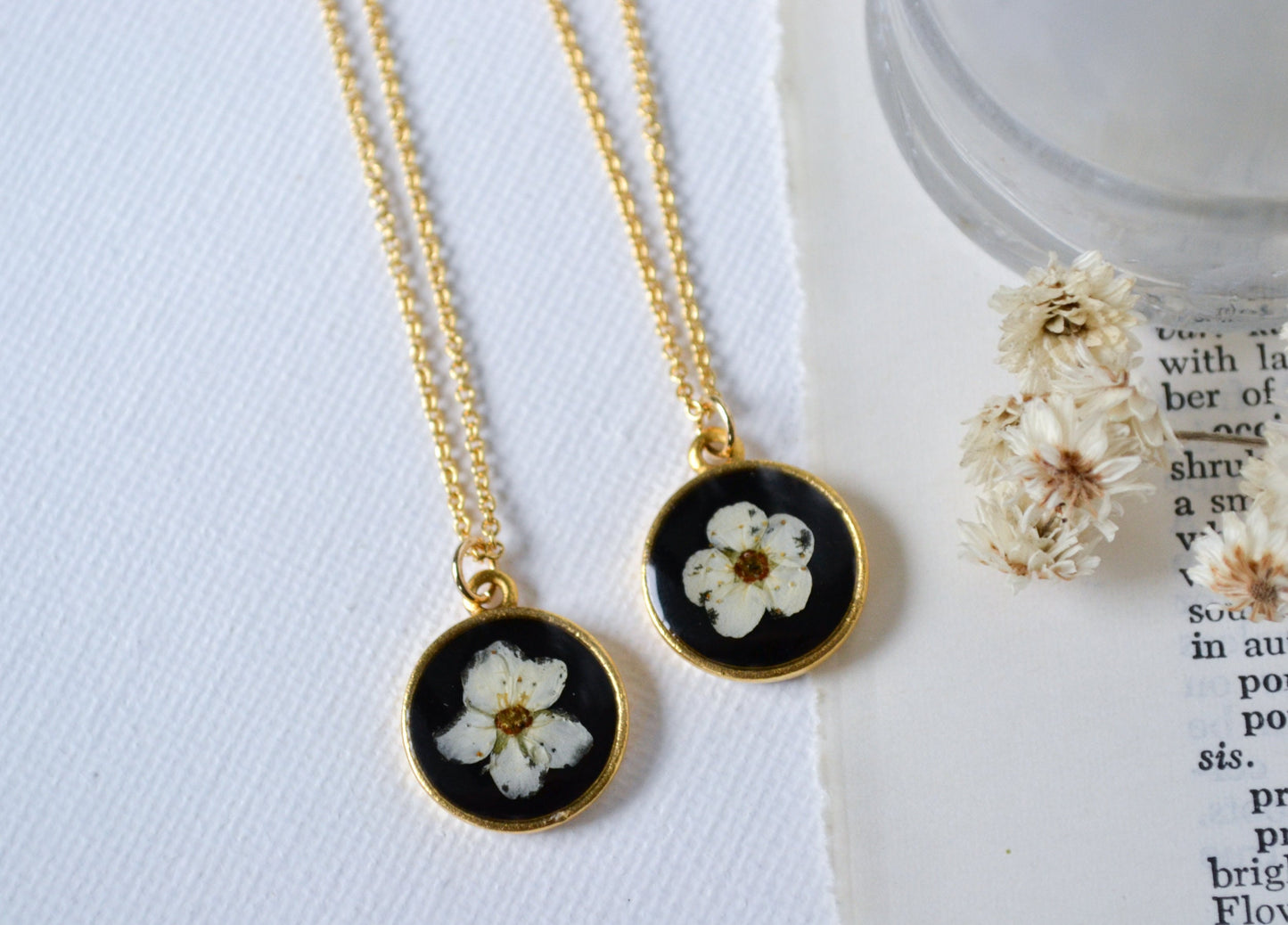 Pressed White Spirea Flower Necklace