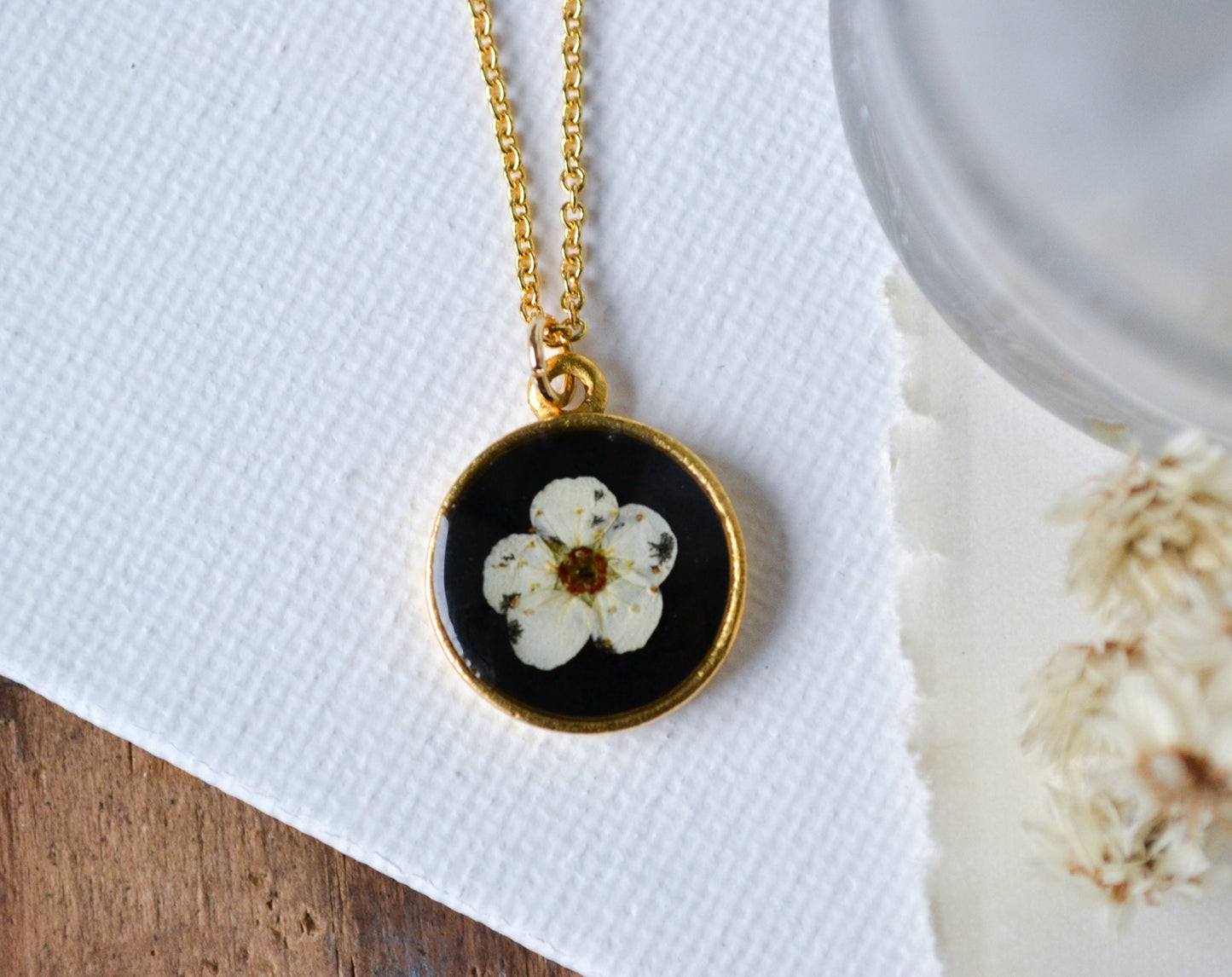 Pressed White Spirea Flower Necklace