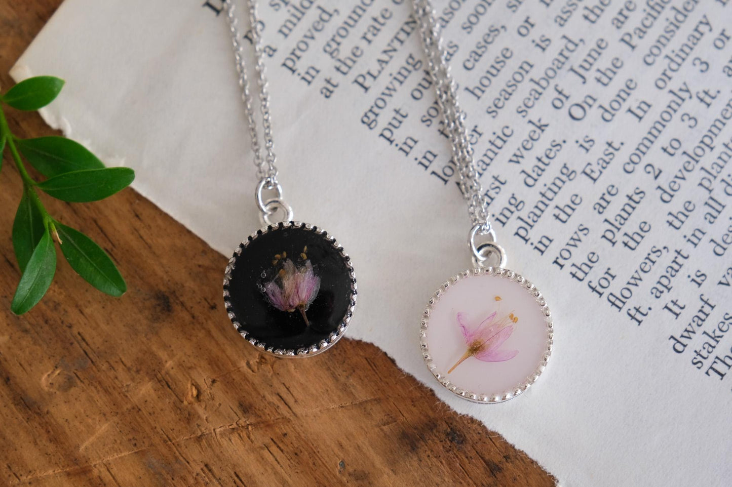 Real Pink Pressed Flower Necklace with White or Black Background