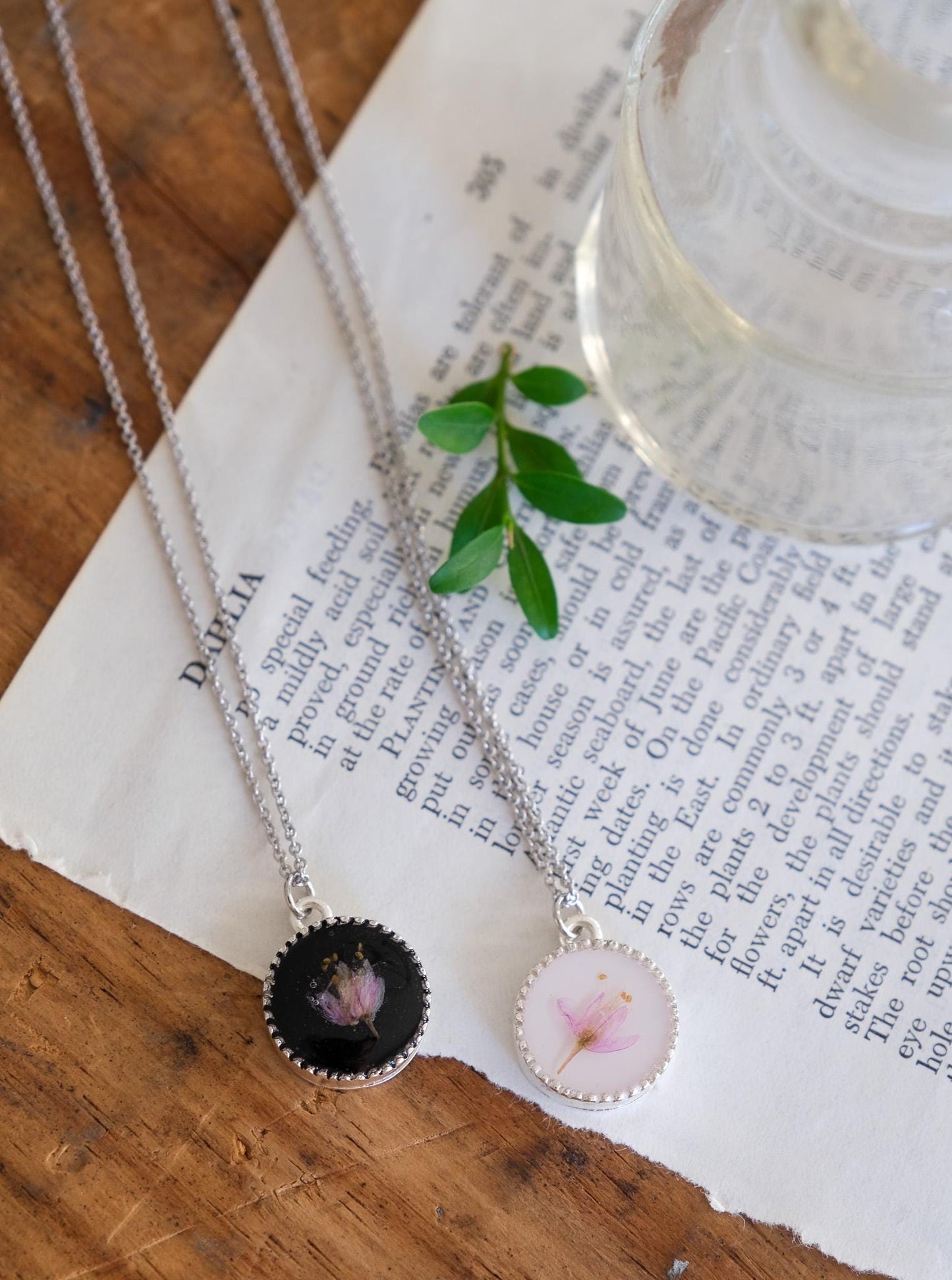 Real Pink Pressed Flower Necklace with White or Black Background
