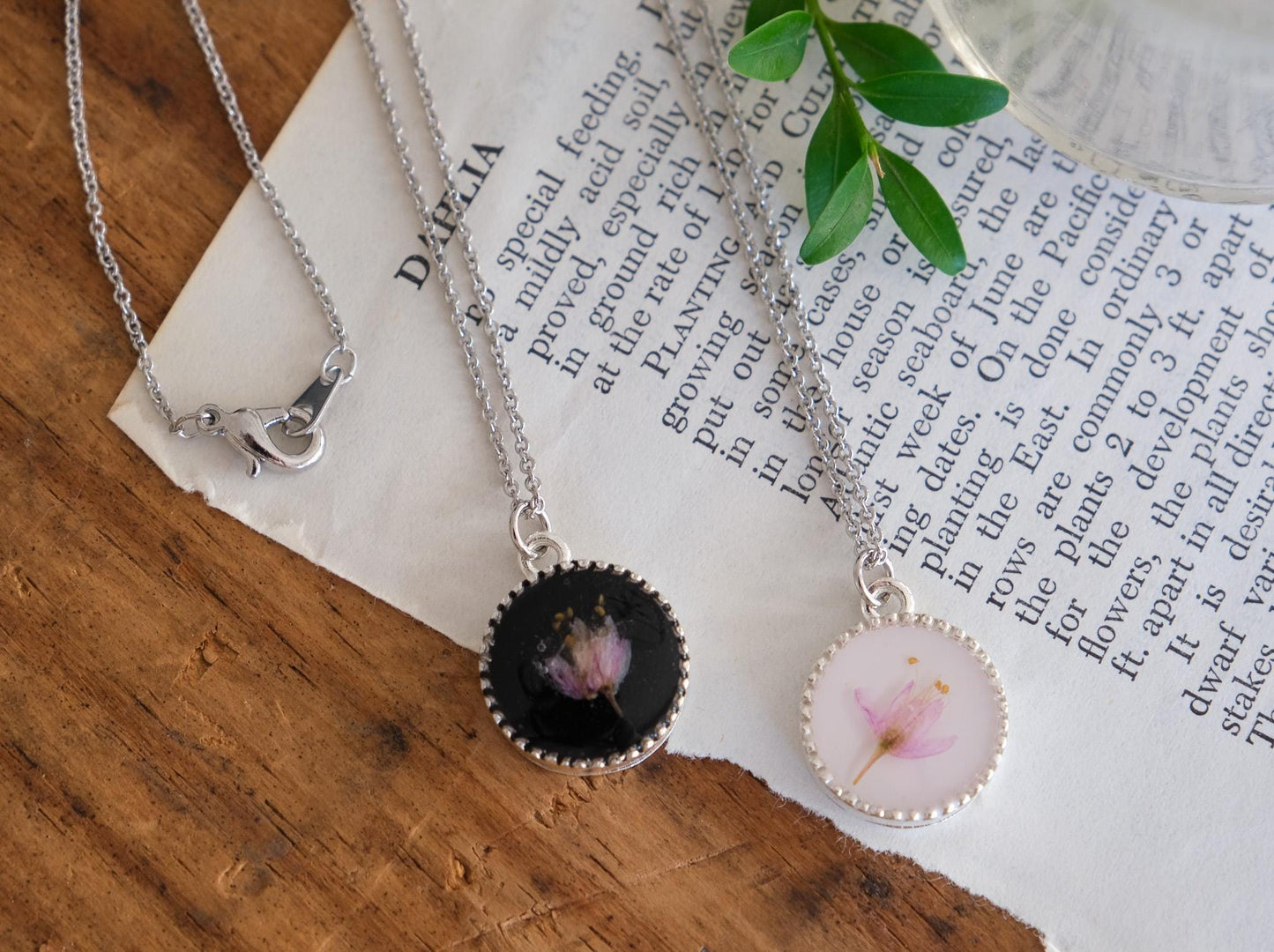 Real Pink Pressed Flower Necklace with White or Black Background