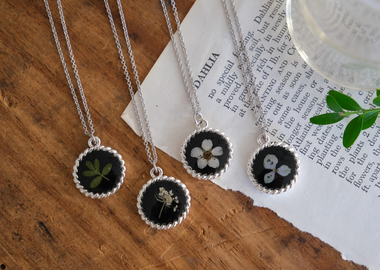 Cable Edge Real Pressed Flower Necklace on Black Background