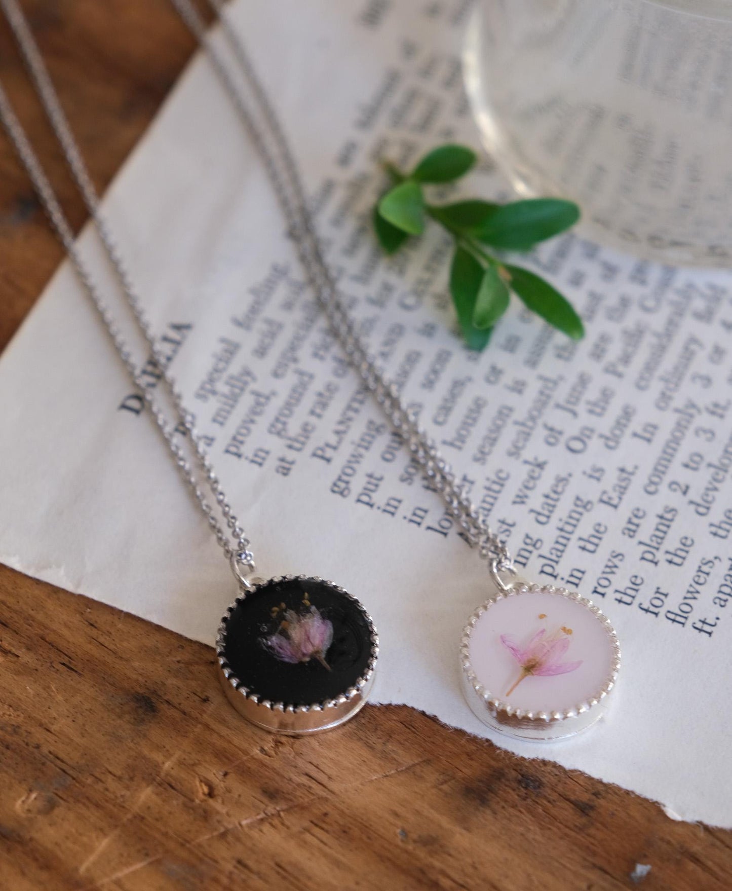 Real Pink Pressed Flower Necklace with White or Black Background