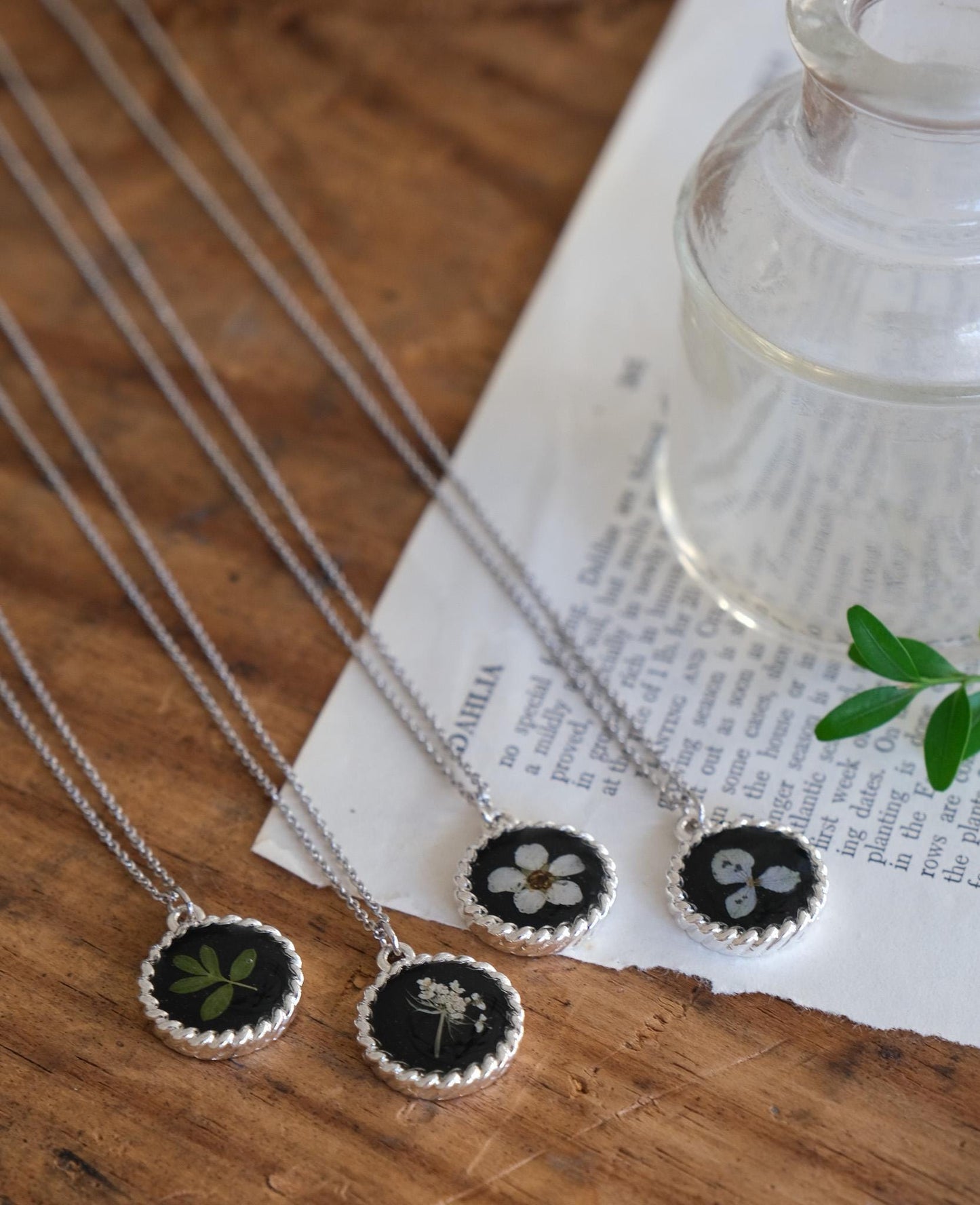 Cable Edge Real Pressed Flower Necklace on Black Background
