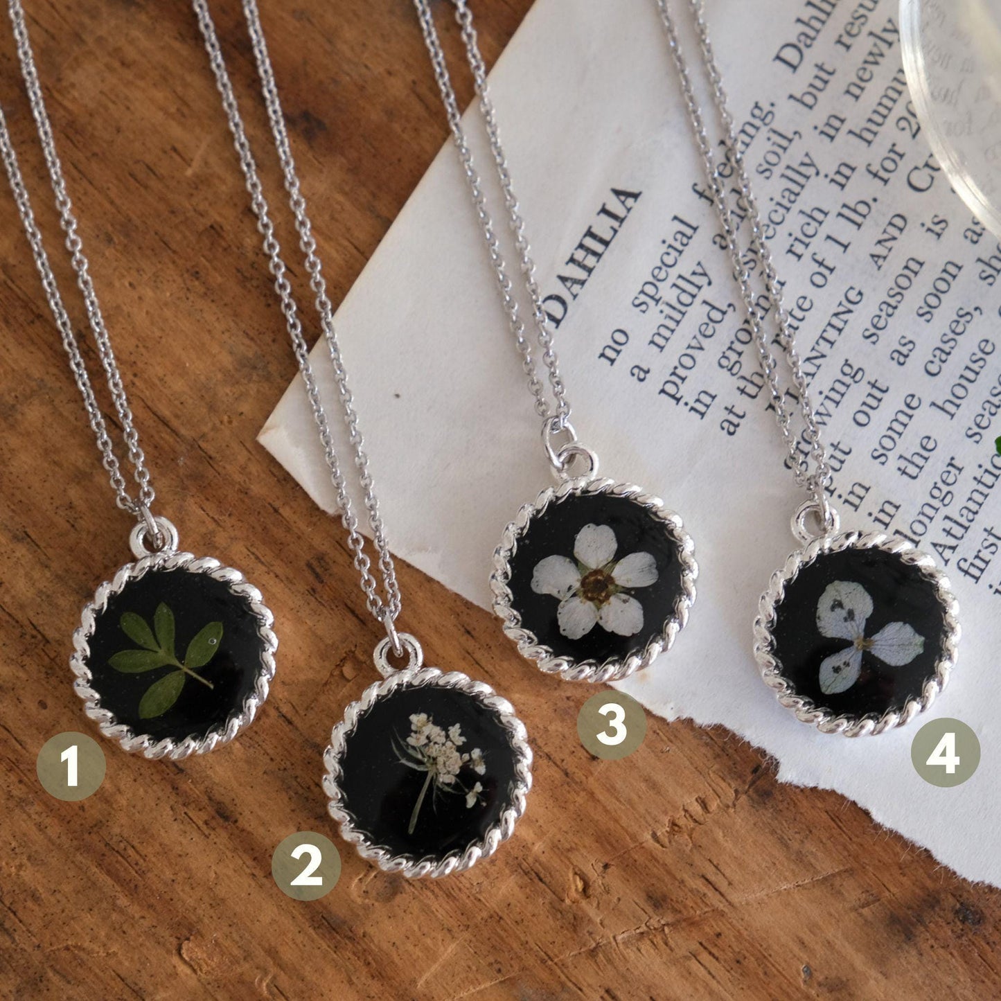 Cable Edge Real Pressed Flower Necklace on Black Background