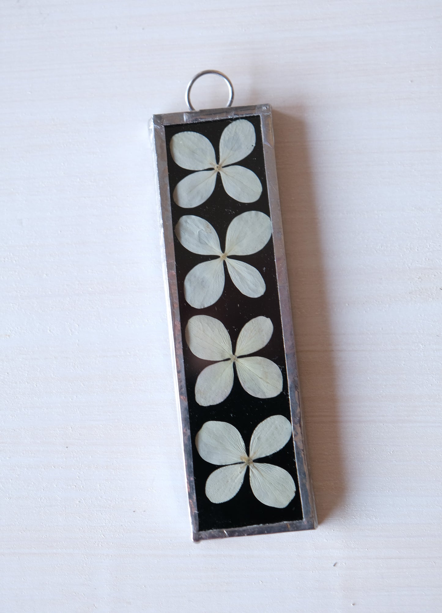 White Hydrangea with Black Background Stained Glass Ornament