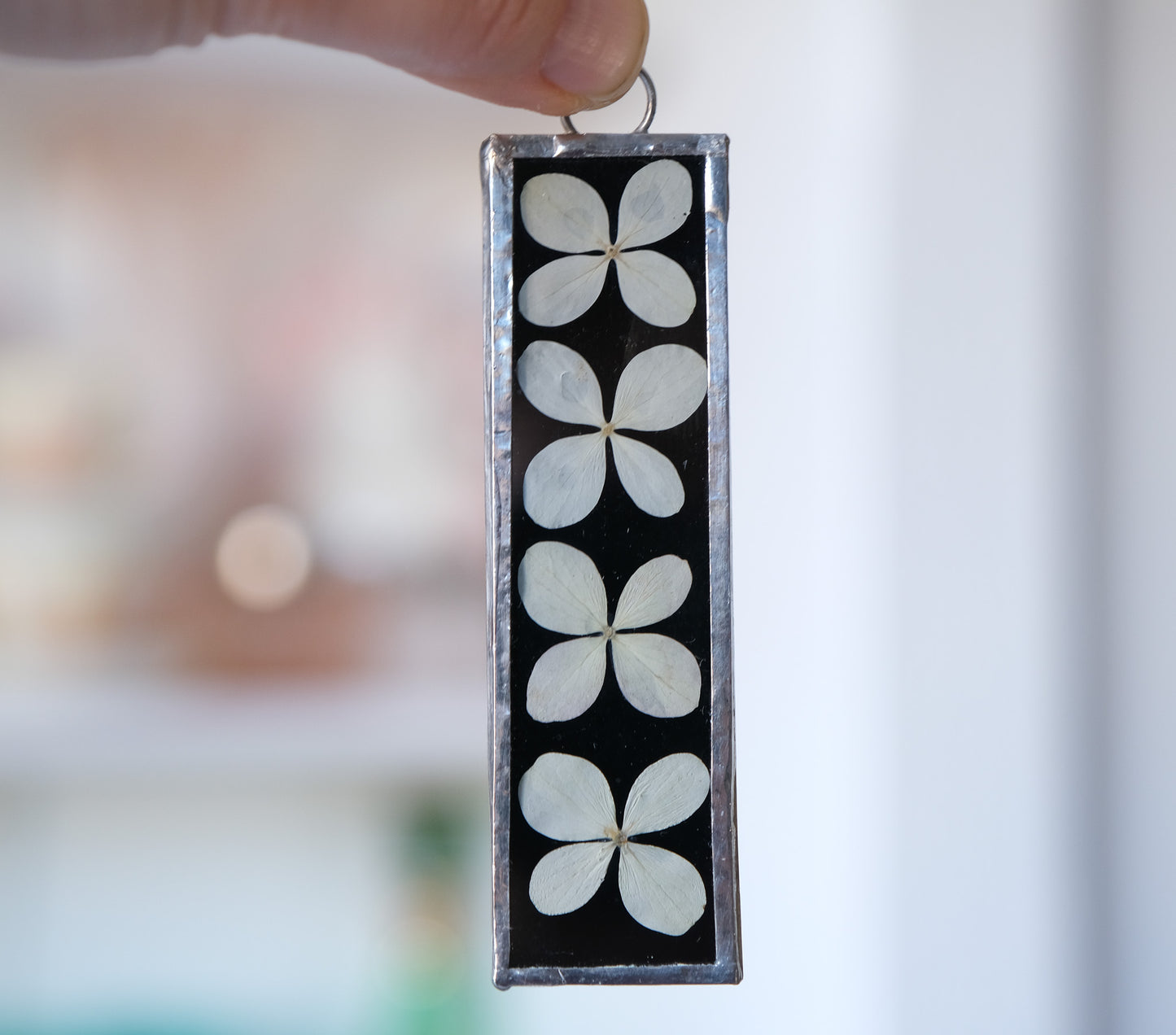 White Hydrangea with Black Background Stained Glass Ornament