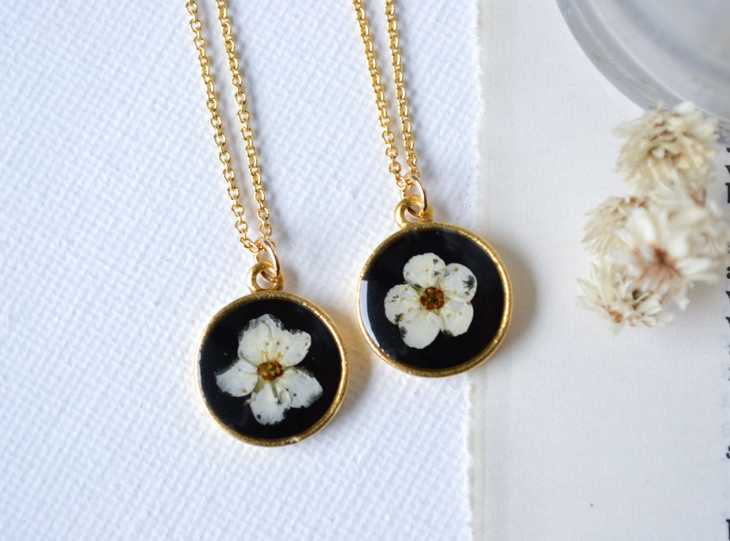 White Pressed Spirea Flower Necklace