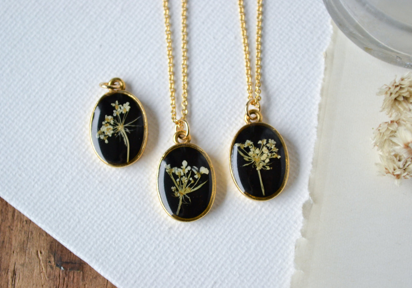 One of a Kind Queen Anne's Lace Pressed Flower Necklace on Black Background