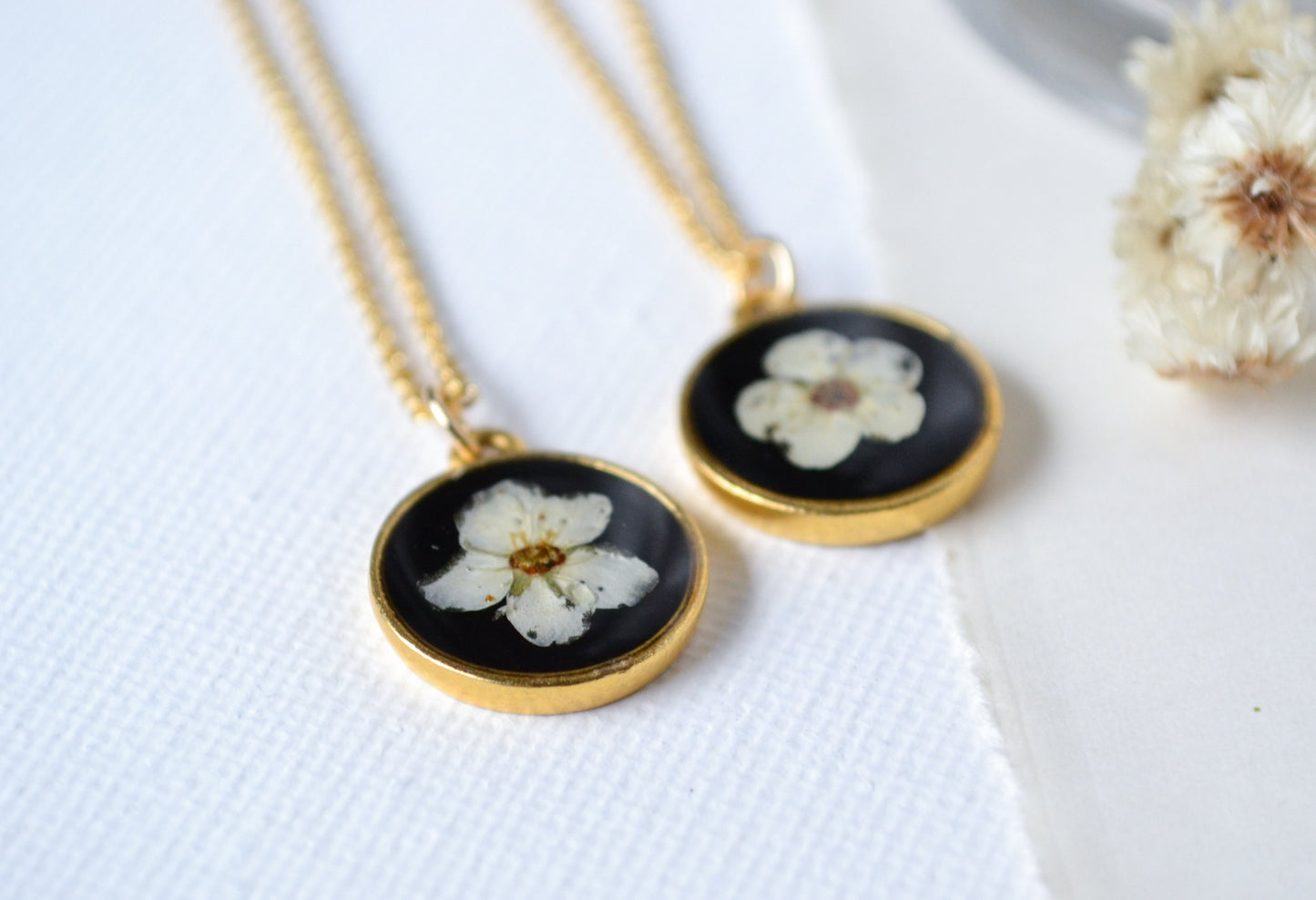 White Pressed Spirea Flower Necklace