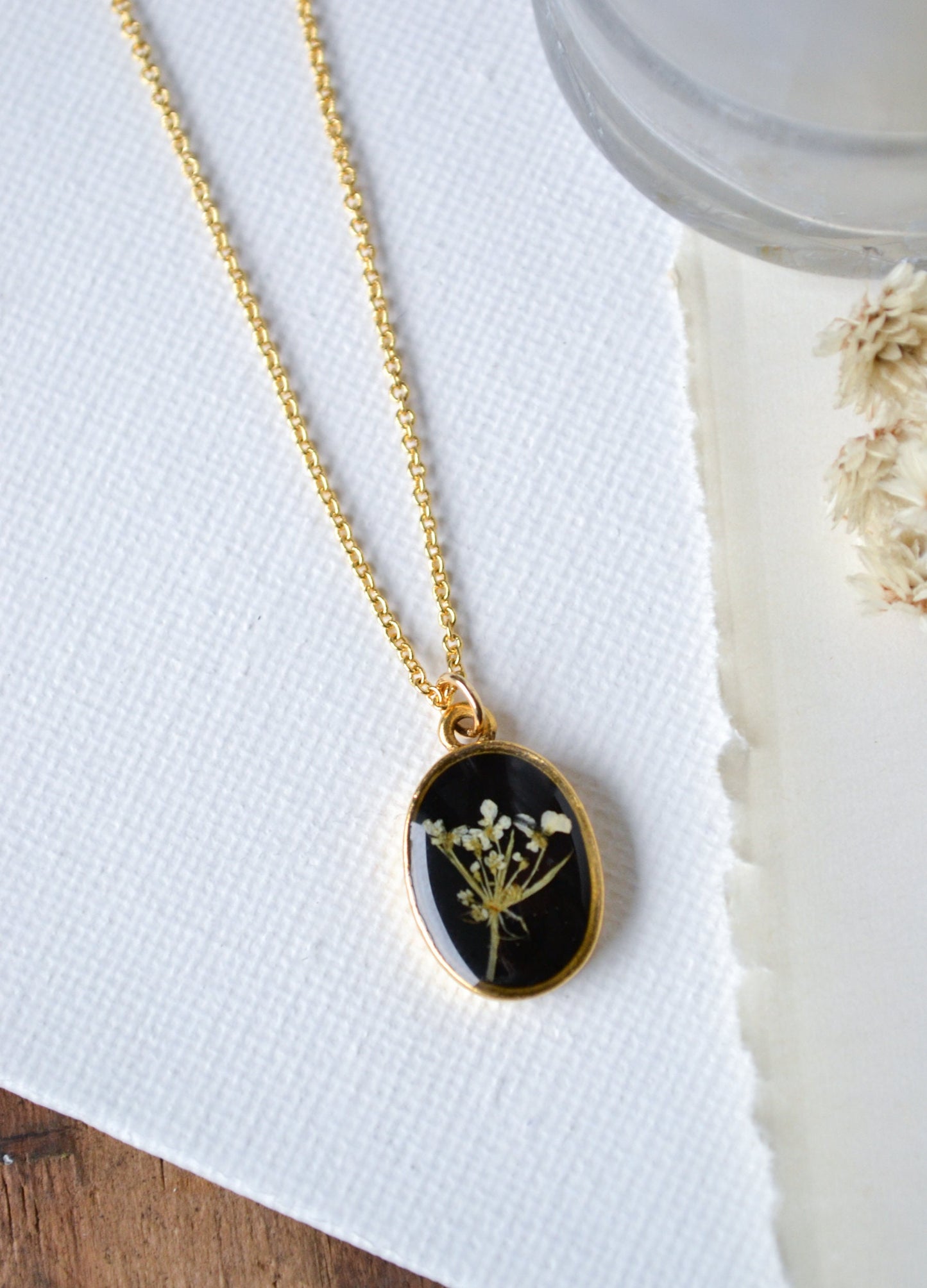 One of a Kind Queen Anne's Lace Pressed Flower Necklace on Black Background