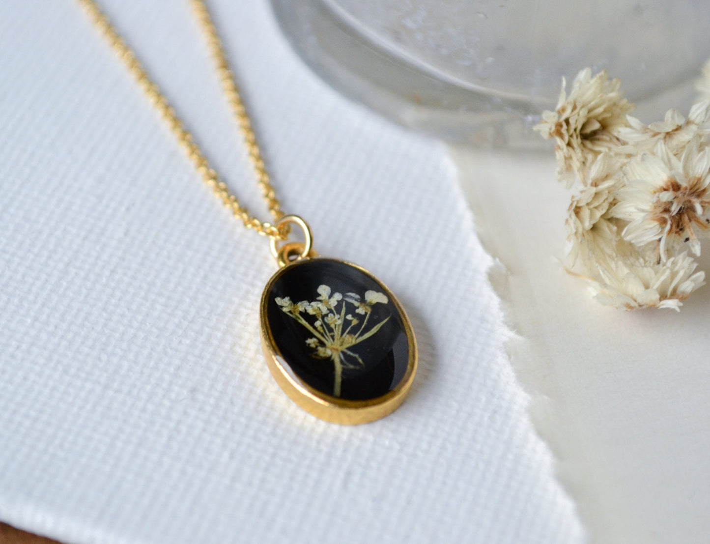 One of a Kind Queen Anne's Lace Pressed Flower Necklace on Black Background