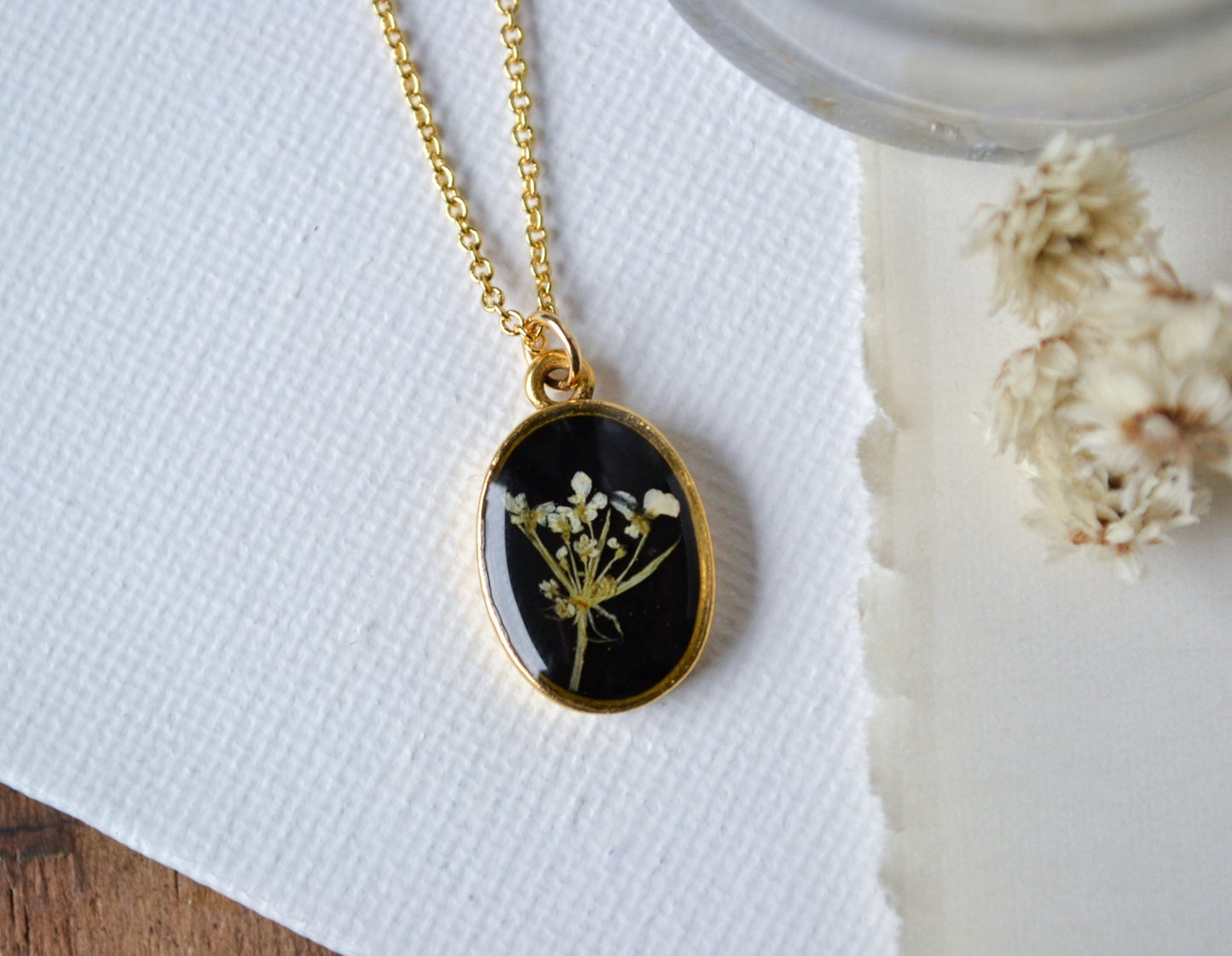 One of a Kind Queen Anne's Lace Pressed Flower Necklace on Black Background